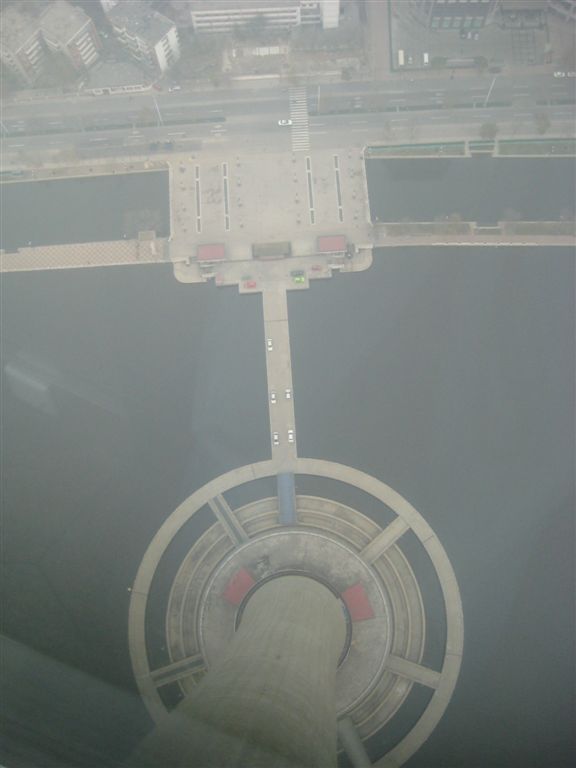 Straight down, surrounded by water