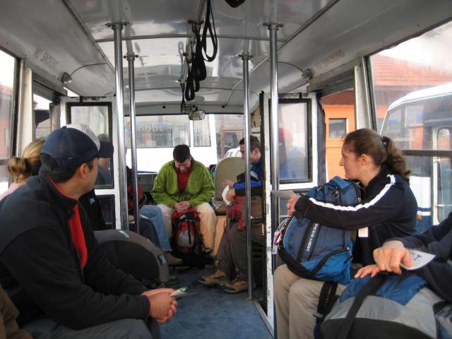 Bus on the tarmac to our domestic flight from Kathmandu (1340m)