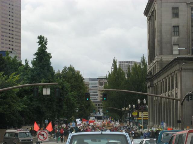 Peace protest blocking our way entering Portland
