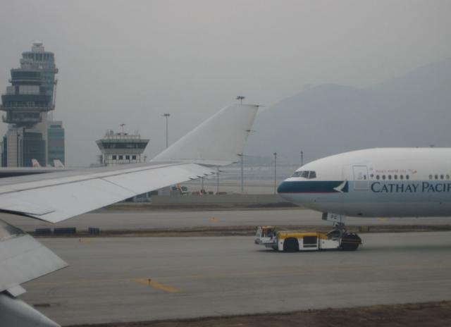 Hong Kong airport with mountains in background