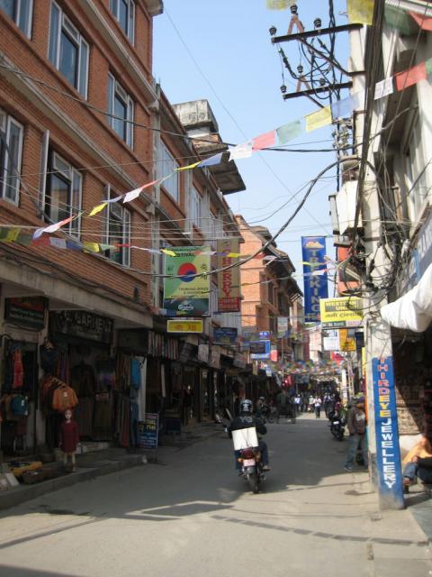 The main steet of Thamel (Kathmandu's tourism area)