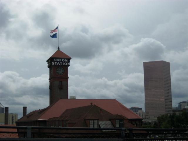 The train station and downtown Portland behind